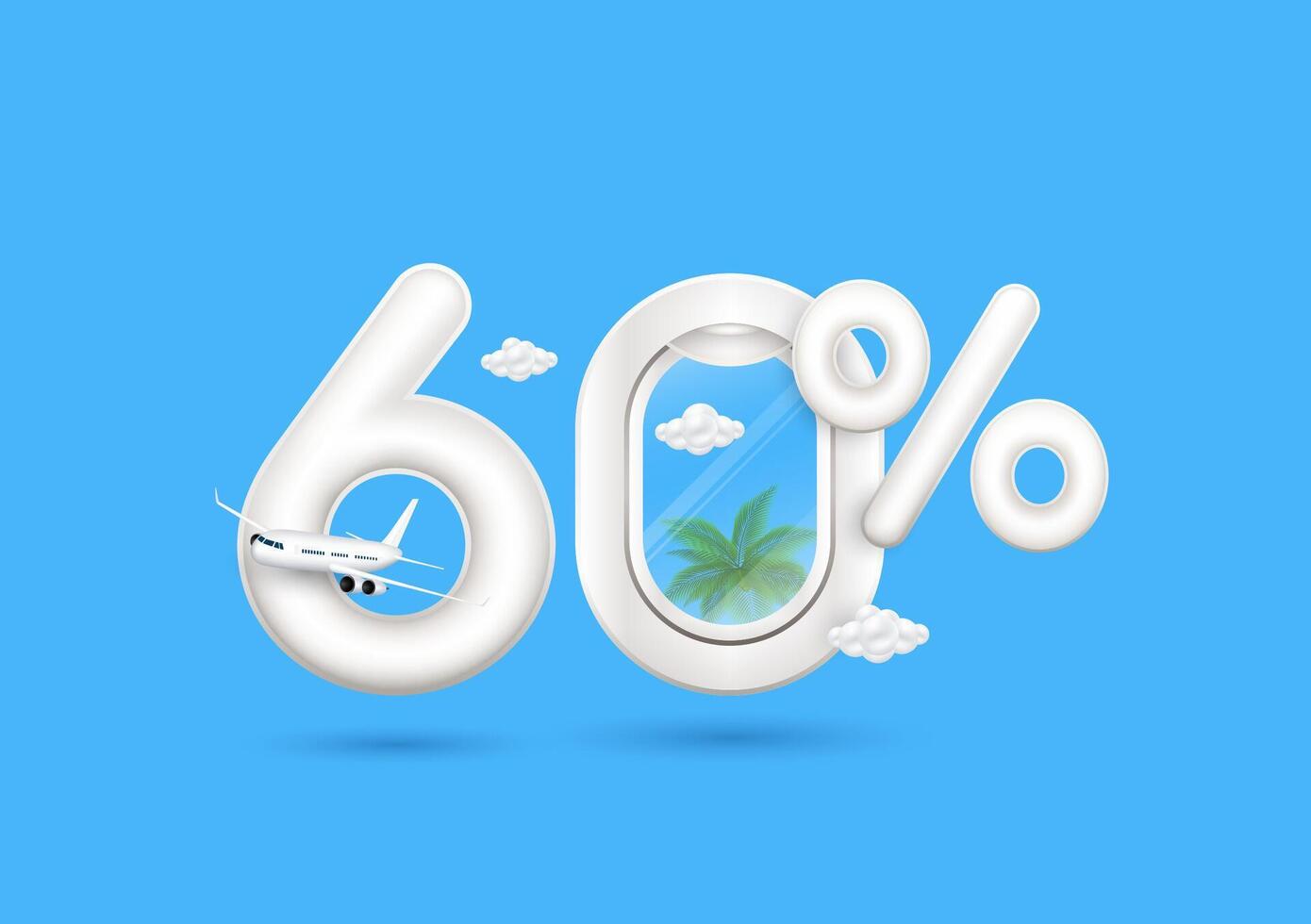 Travel season promotion up to 60 off. Airplane floats out of the number six and plane window with the percent symbol front on a blue background. For design tourism advertising media. vector