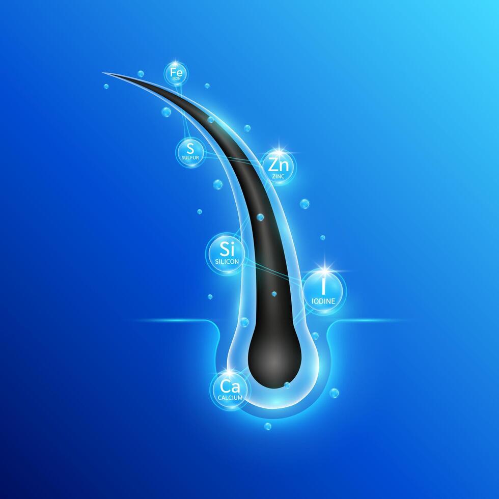 Hair care too atom molecule of minerals zinc iron calcium. Follicles from brittleness, damage make soft and shiny. Hairs structure repair shampoo salon treatment ads. EPS10. vector