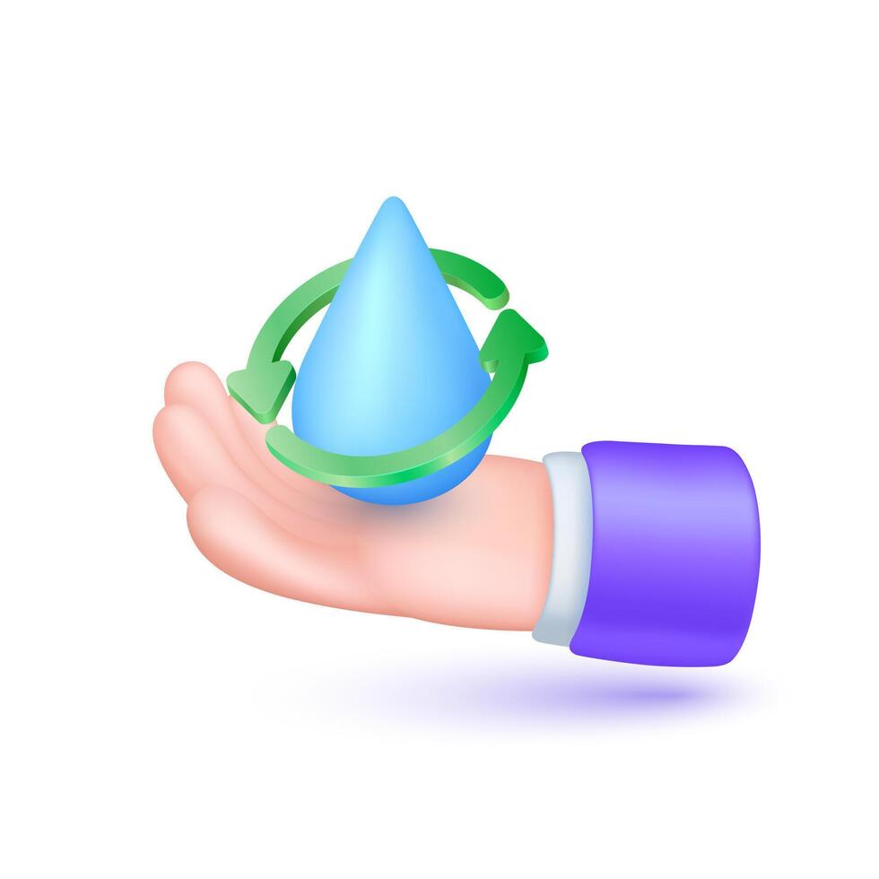 Blue water drop surrounded by green arrow in hand on white background. vector
