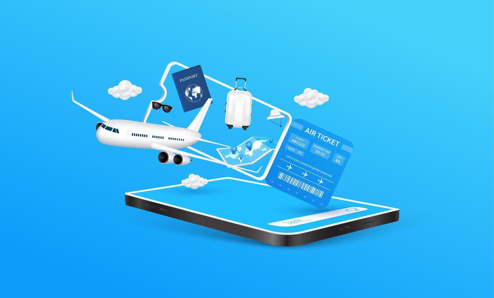 Airplane floats out of the ticket with passport and luggage bag. Clouds, hats, glasses, map floating around on smartphone. Air travel and tourism concept. 3D illustration. vector
