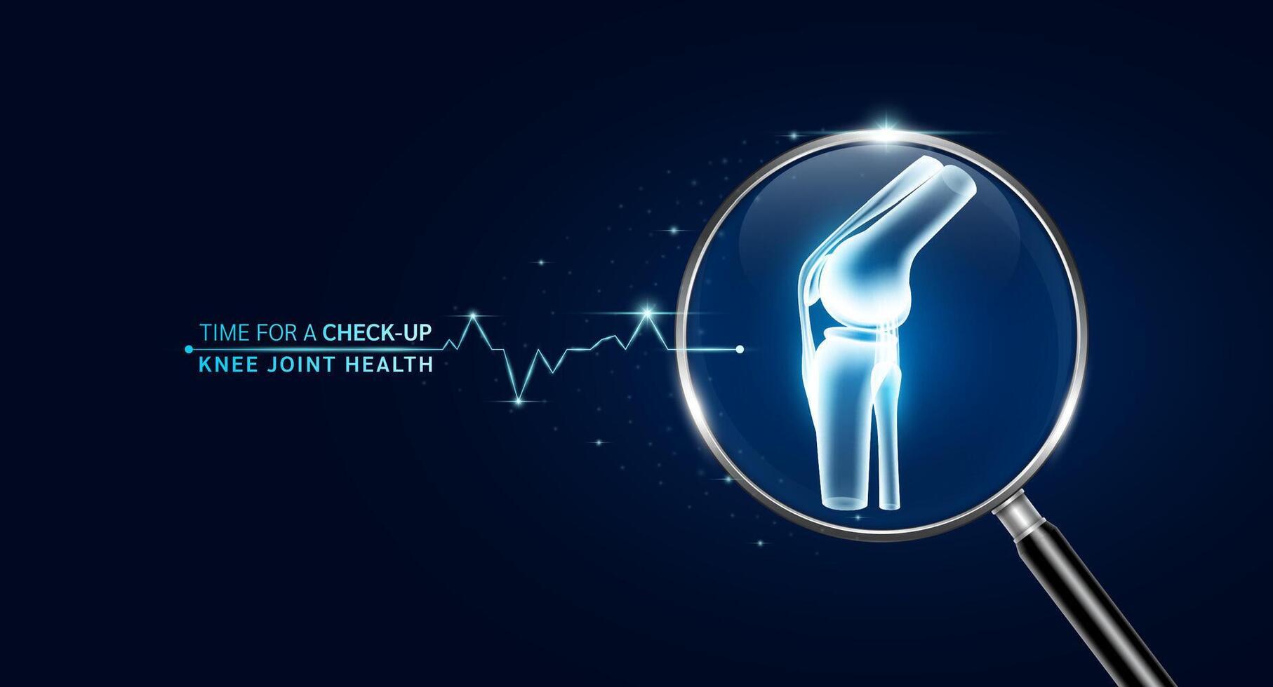 Knee joint bone inside magnifying glass with scan search and blue glowing neon heart pulse. Health care and medical check up too innovative digital technology. Body health checkup examining organ. vector