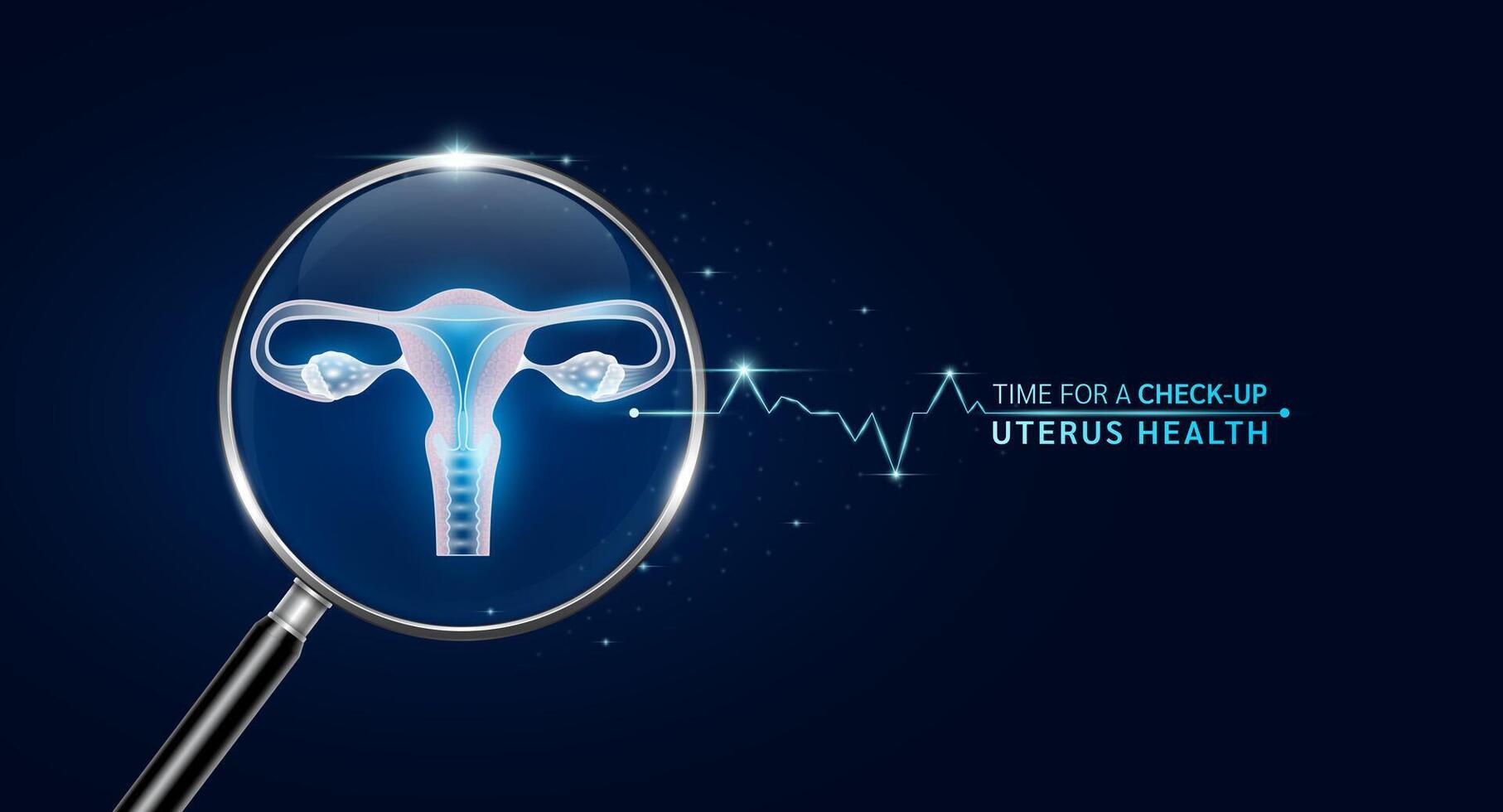 Female uterus inside magnifying glass with scan search. Health care medical check up too innovative futuristic digital technology. Body health checkup examining organ and blue glowing heart pulse. vector