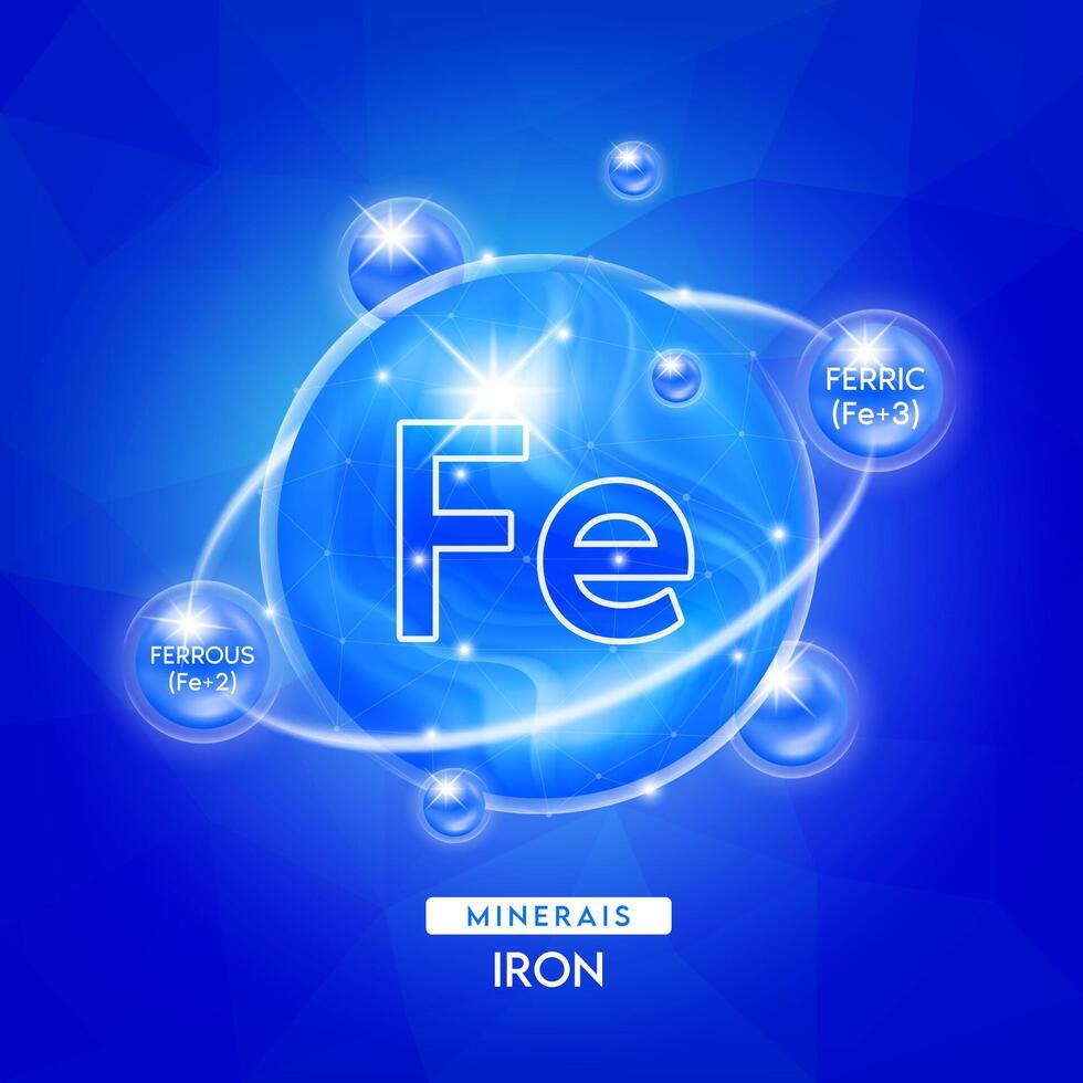 Iron ferrous ferric and vitamins complex for health. Ball minerals blue for the design of dietary supplement products nutrition. Scientific medical concept. vector