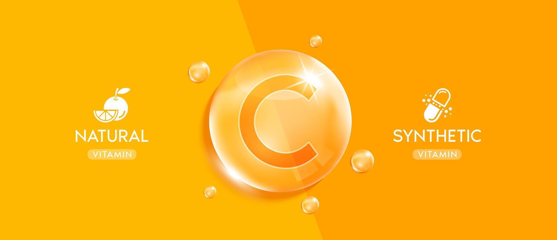 Synthetic and Natural vitamin C droplet. Banner design for ad dietary supplement, pharmacy or clinic. Vitamin minerals complex beauty skincare. Medical scientific concepts. Realistic 3D. vector