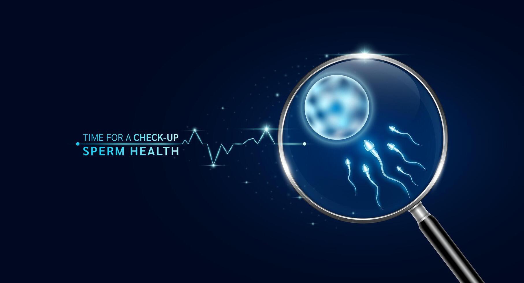 Sperm egg cell inside magnifying glass with scan search and blue glowing neon heart pulse. Health care and medical check up too innovative digital technology. Body health checkup examining organ. vector