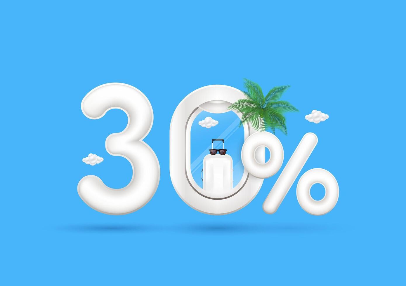 Travel season promotion up to 30 off. Number three airplane window luggage bag inside with the percent symbol coconut tree front on a blue background. For design tourism advertising media. vector
