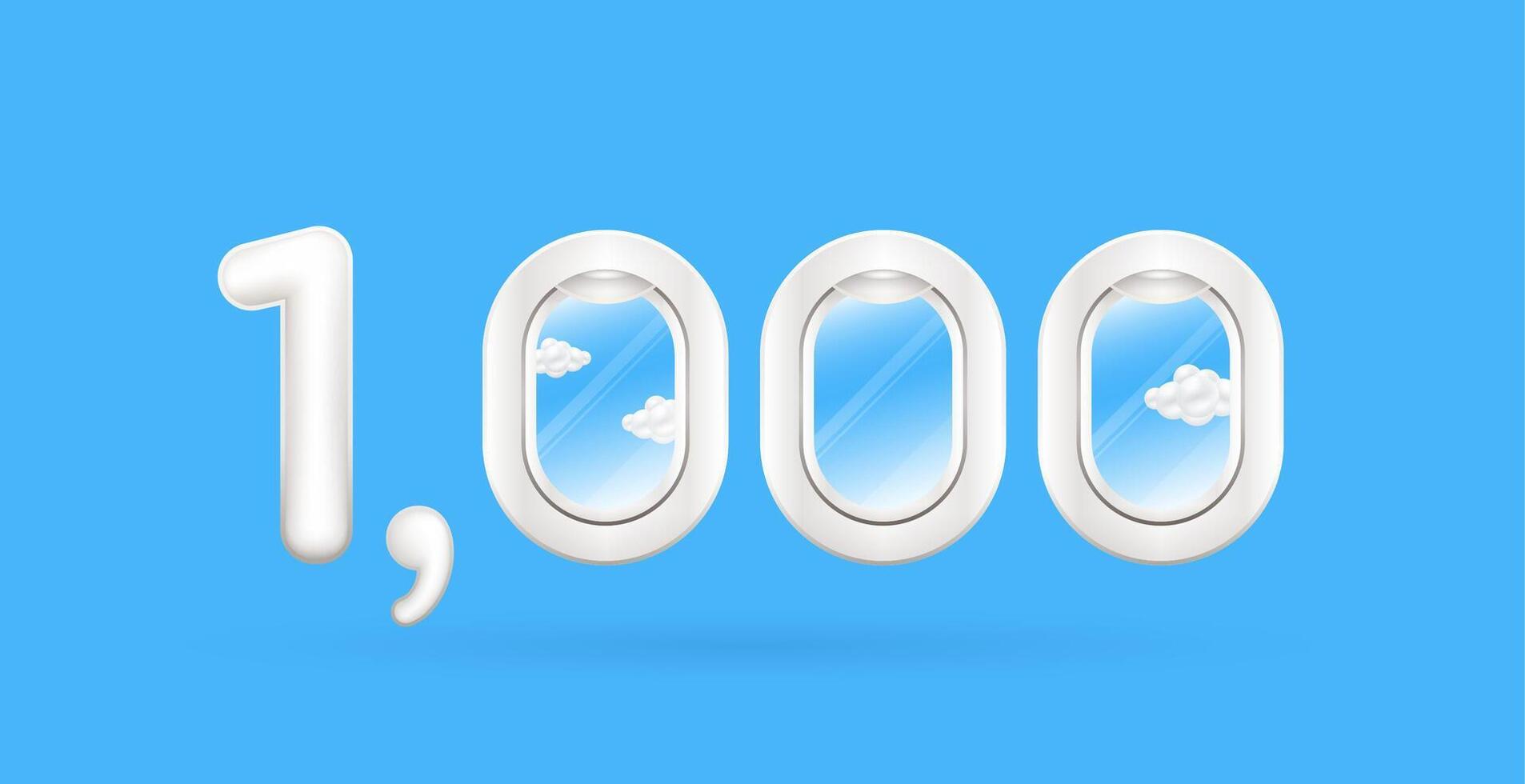 Travel season promotion. Up to 1,000. Number one and cloud in airplane window on a blue background. For design tourism advertising media. 3D . vector