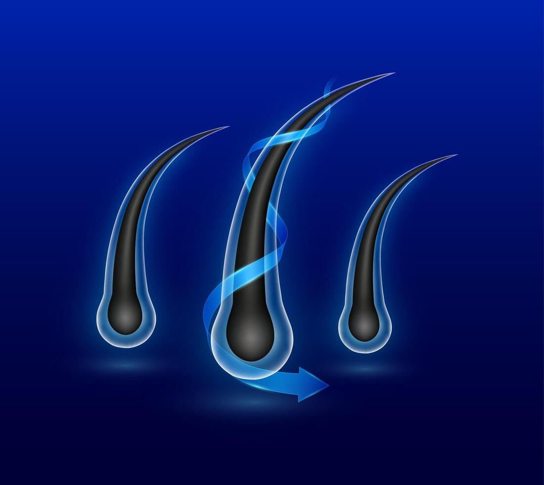 Hair and arrow blue wrapped around. Keratin serum or vitamin biotin minerals make soft and shiny. Follicles from brittleness, damage. Hair structure repair shampoo salon treatment care ads vector