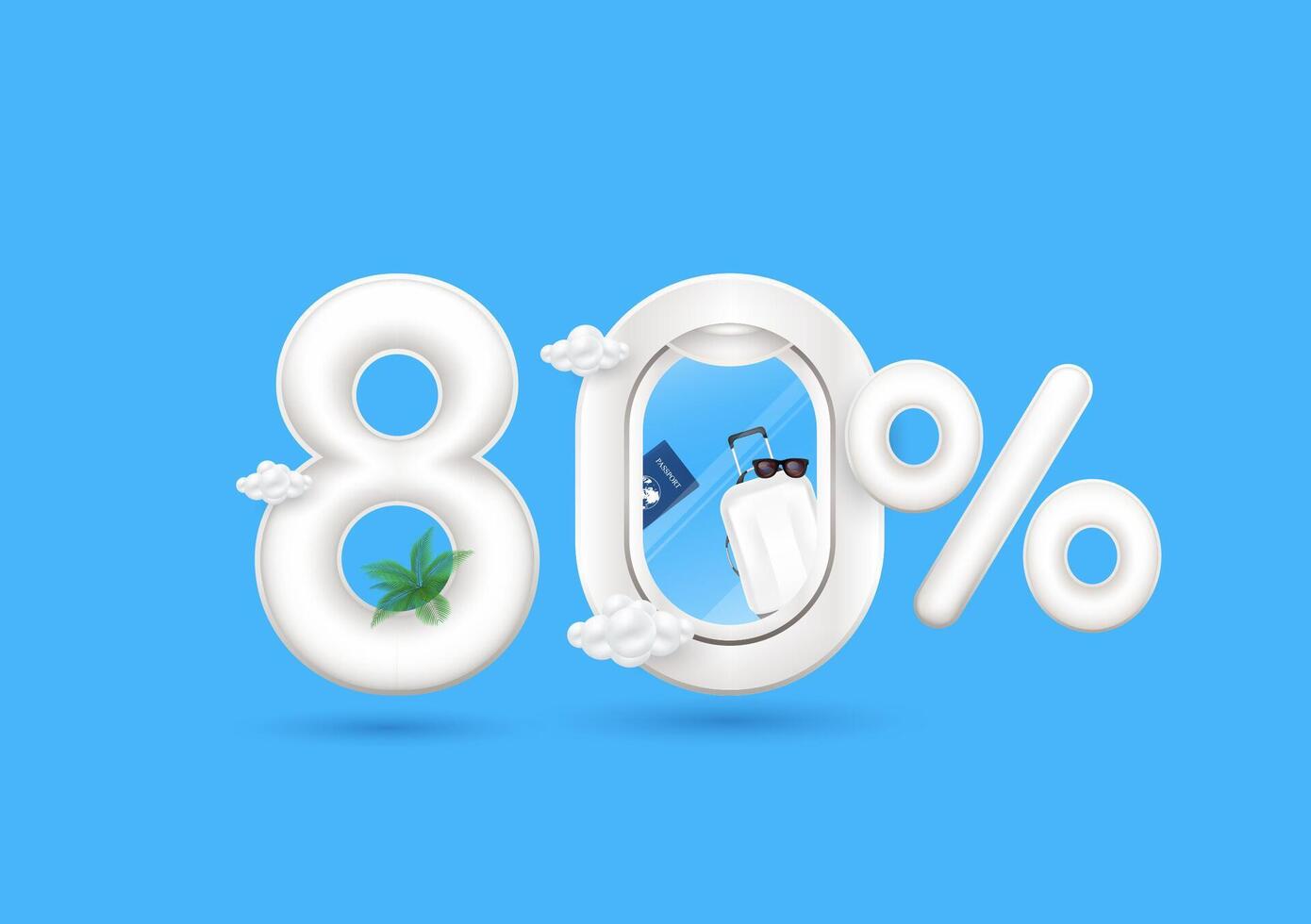 Travel season promotion up to 80 off. Passport, luggage bag in airplane window with the percent symbol front. Number eight on a blue background. For design tourism advertising media. vector