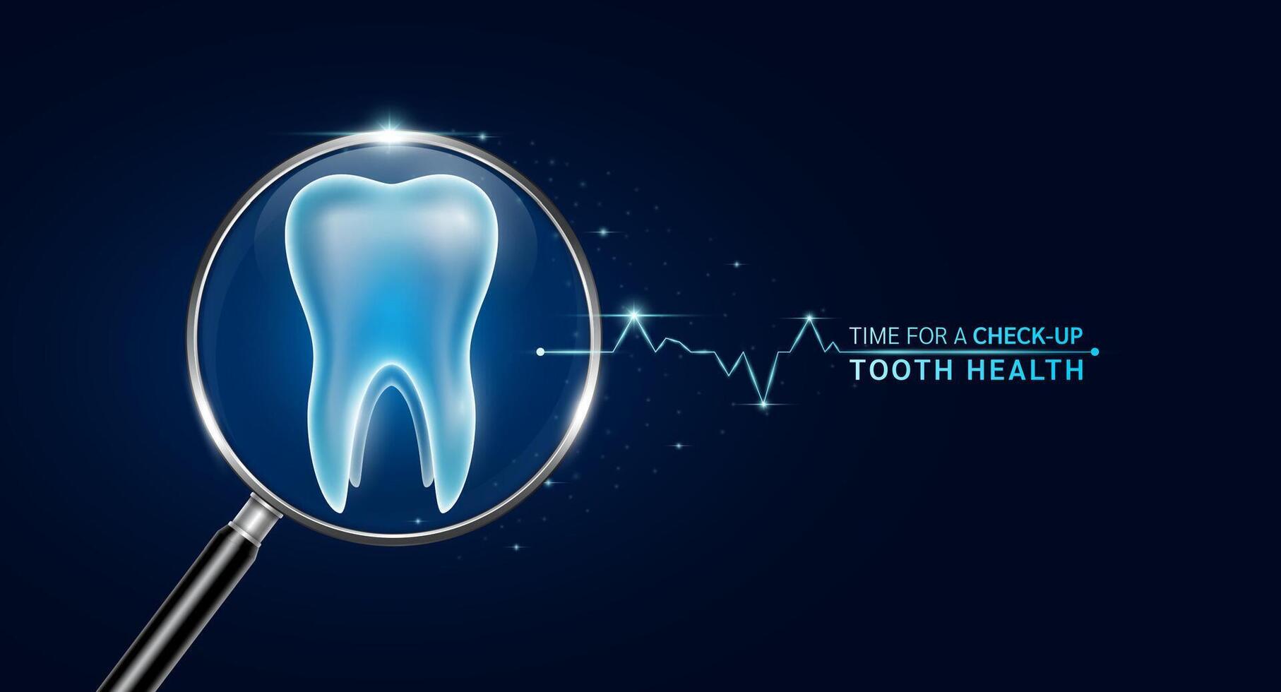Tooth inside magnifying glass with scan search. Health care medical check up too innovative futuristic digital technology. Body health checkup examining organ and blue glowing neon heart pulse. vector
