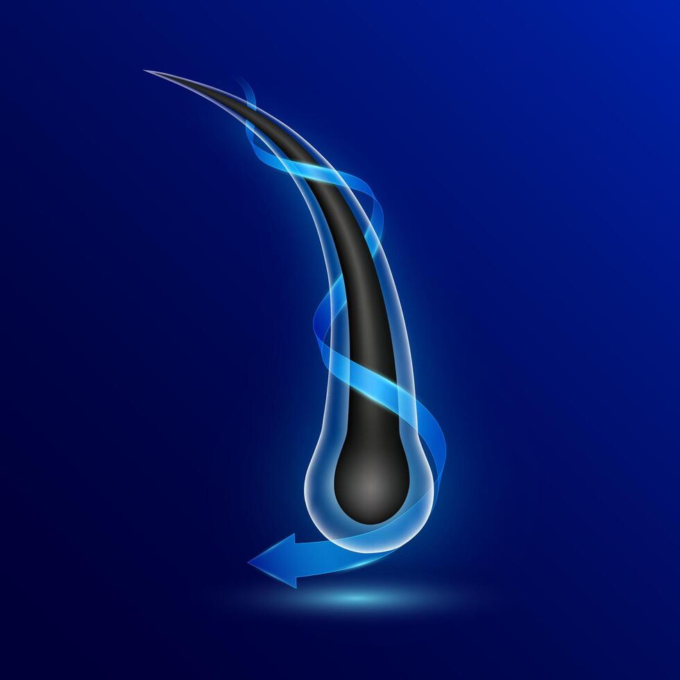Hair and arrow blue wrapped around. Keratin serum or vitamin biotin minerals make soft and shiny. Follicles from brittleness, damage. Hair structure repair shampoo salon treatment care ads. vector