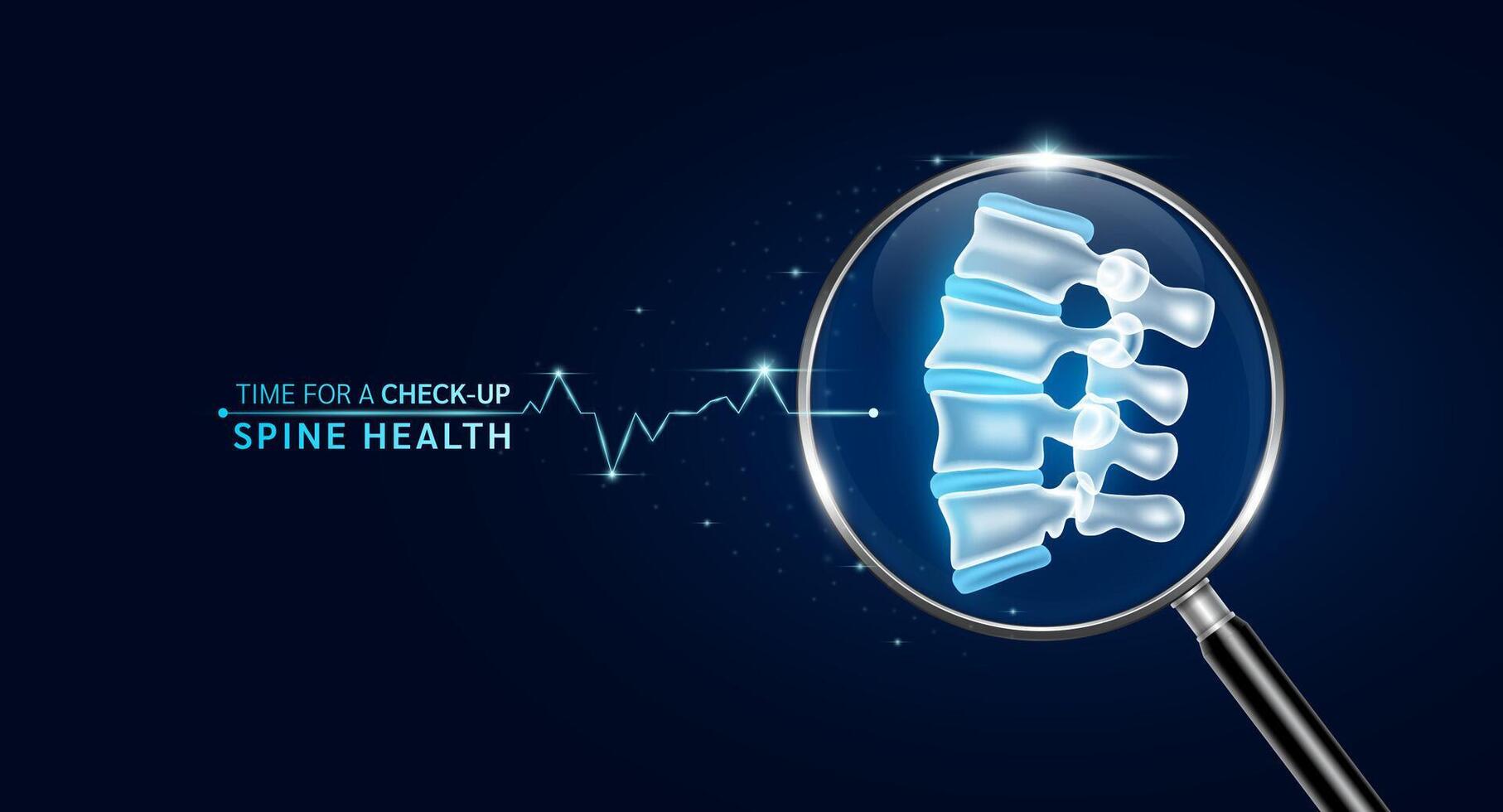 Spine bone inside magnifying glass with scan search and blue glowing neon heart pulse. Health care and medical check up too innovative digital technology. Body health checkup examining organ. vector