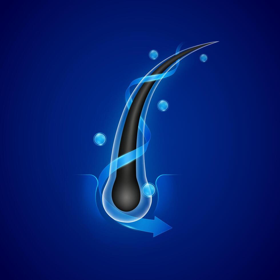 Hair care keratin serum or vitamin biotin minerals. Arrow wrapped around and bubble. Follicles from brittleness, damage make soft and shiny. Hairs structure repair shampoo salon treatment ads. . vector