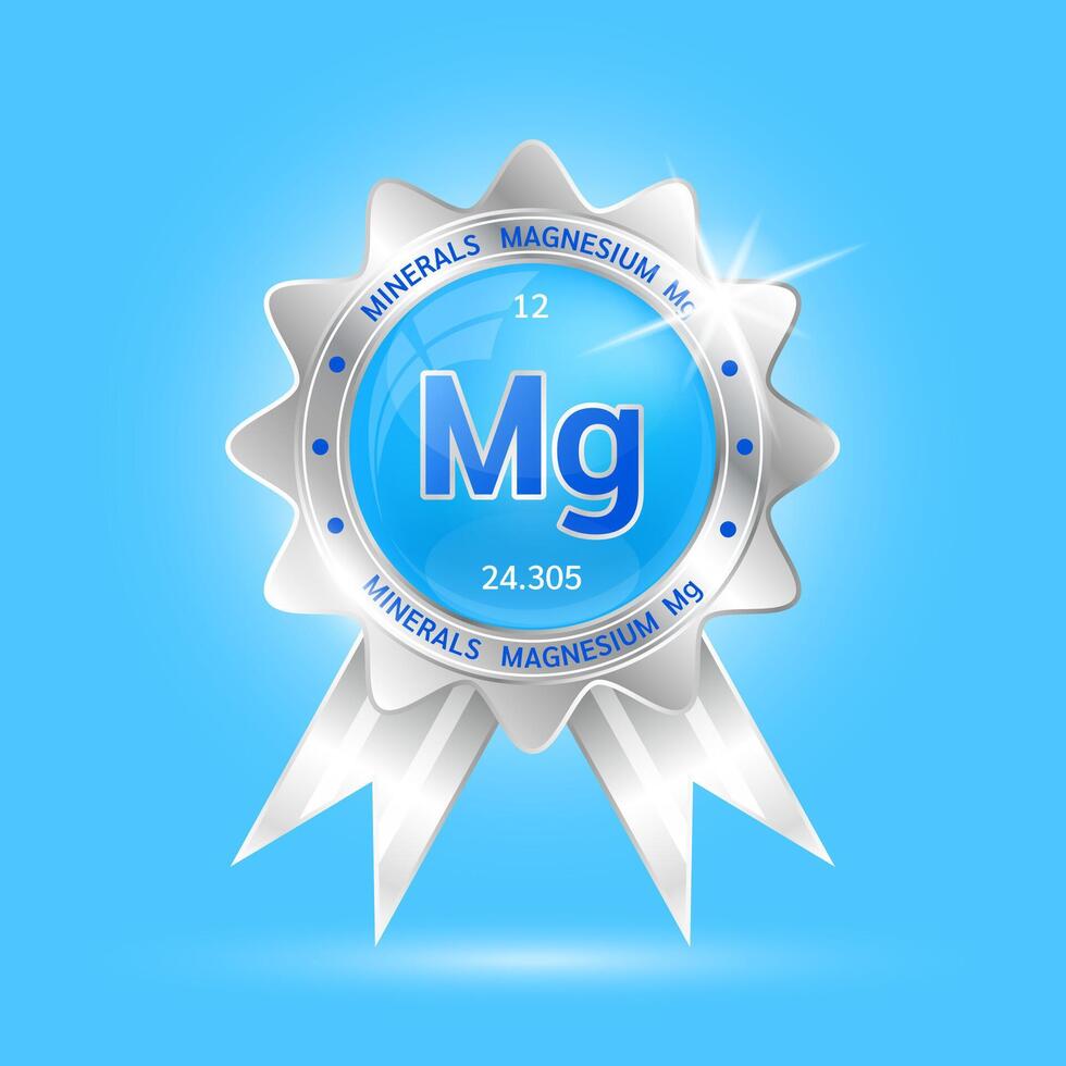 Blue magnesium in label aluminum silver. For logo products design food vitamins minerals. Medical food supplement concepts. 3D Realistic. vector