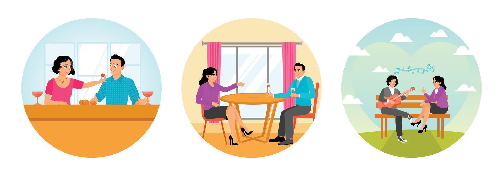 Romantic Couple Enjoying a Meal Together. Drinking Wine. Playing Guitar on a Park Bench. vector