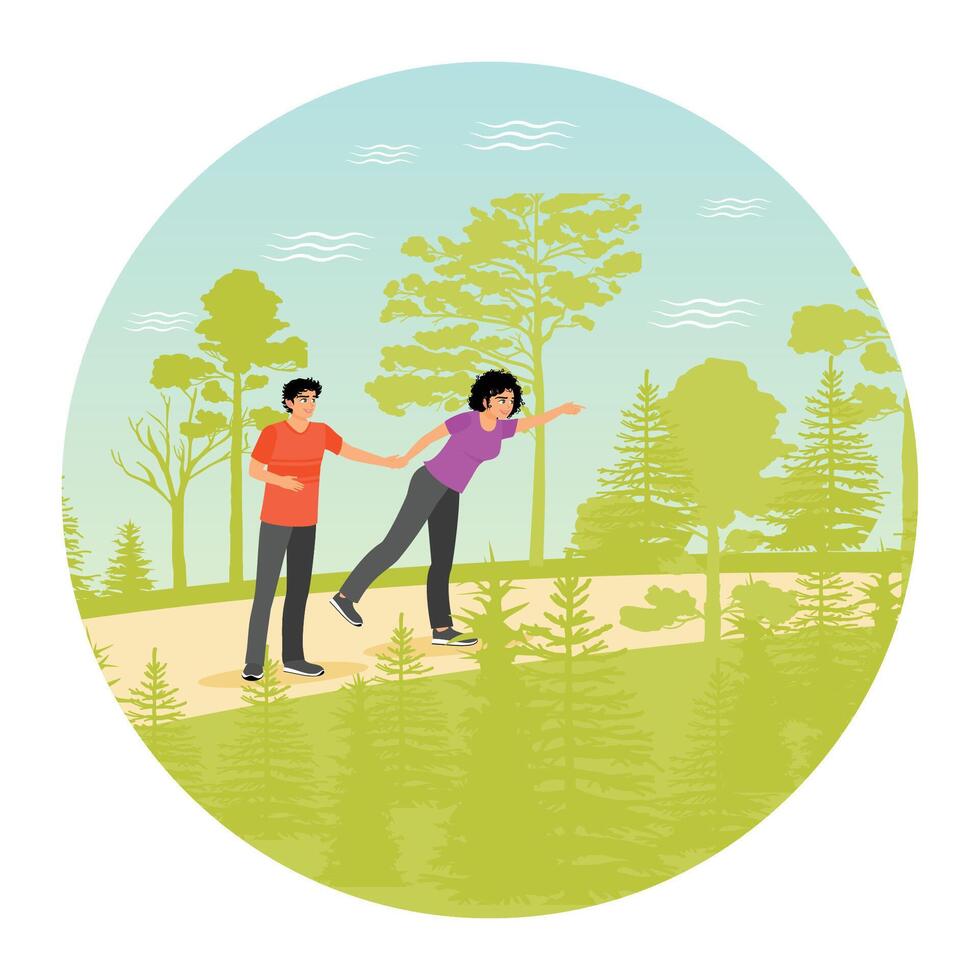Man Follows Woman Happily Leading in Beautiful Natural Park. vector