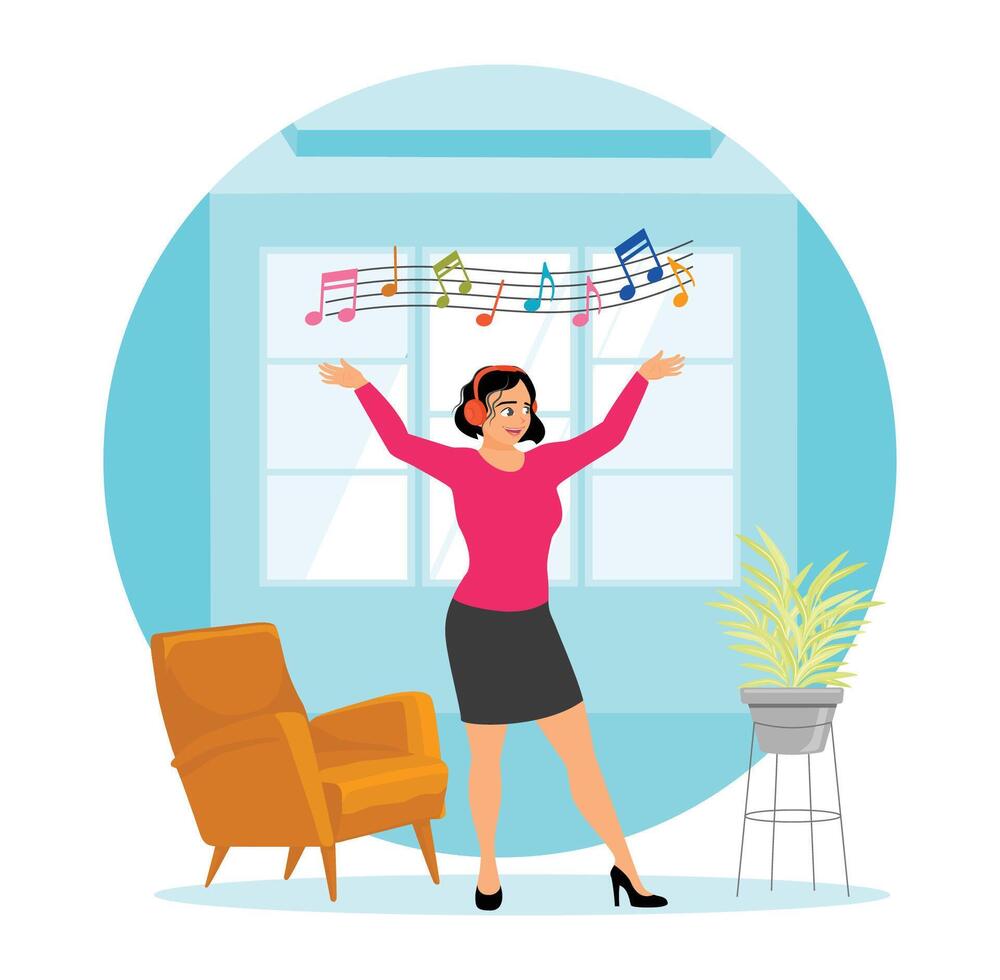 Happy Woman Enjoying Weekend Having Fun at Home Listening to Good Music and Dancing. vector