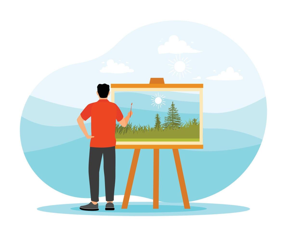 A male artist with a brush and easel paints a beautiful landscape on canvas. vector