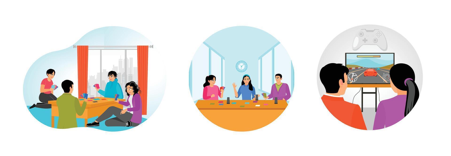 Playing Card Games. Three Friends Playing Card. Play Racing Game Together. vector