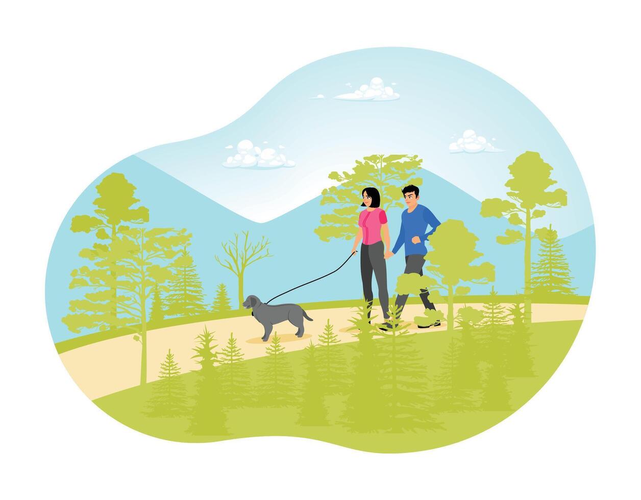 Couple Walking with Their Dog on a Nature Path in a Scenic Forest. vector