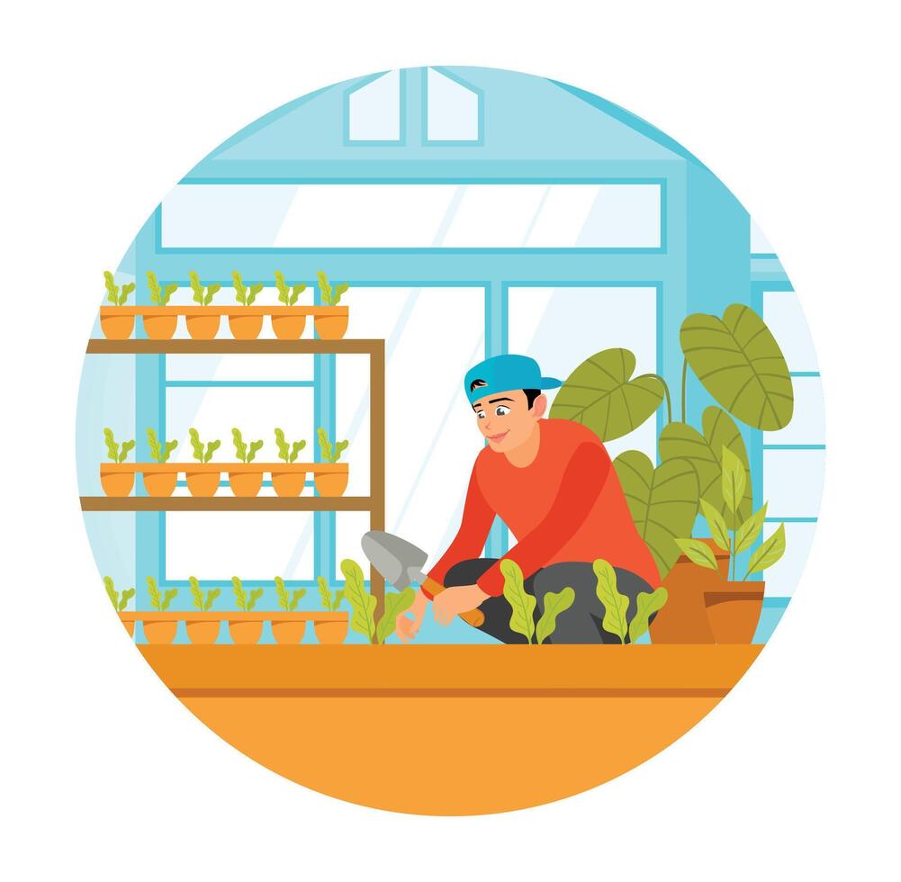 Man on a Balcony or Patio Growing Plants or Vegetables in a Flowerpot. vector