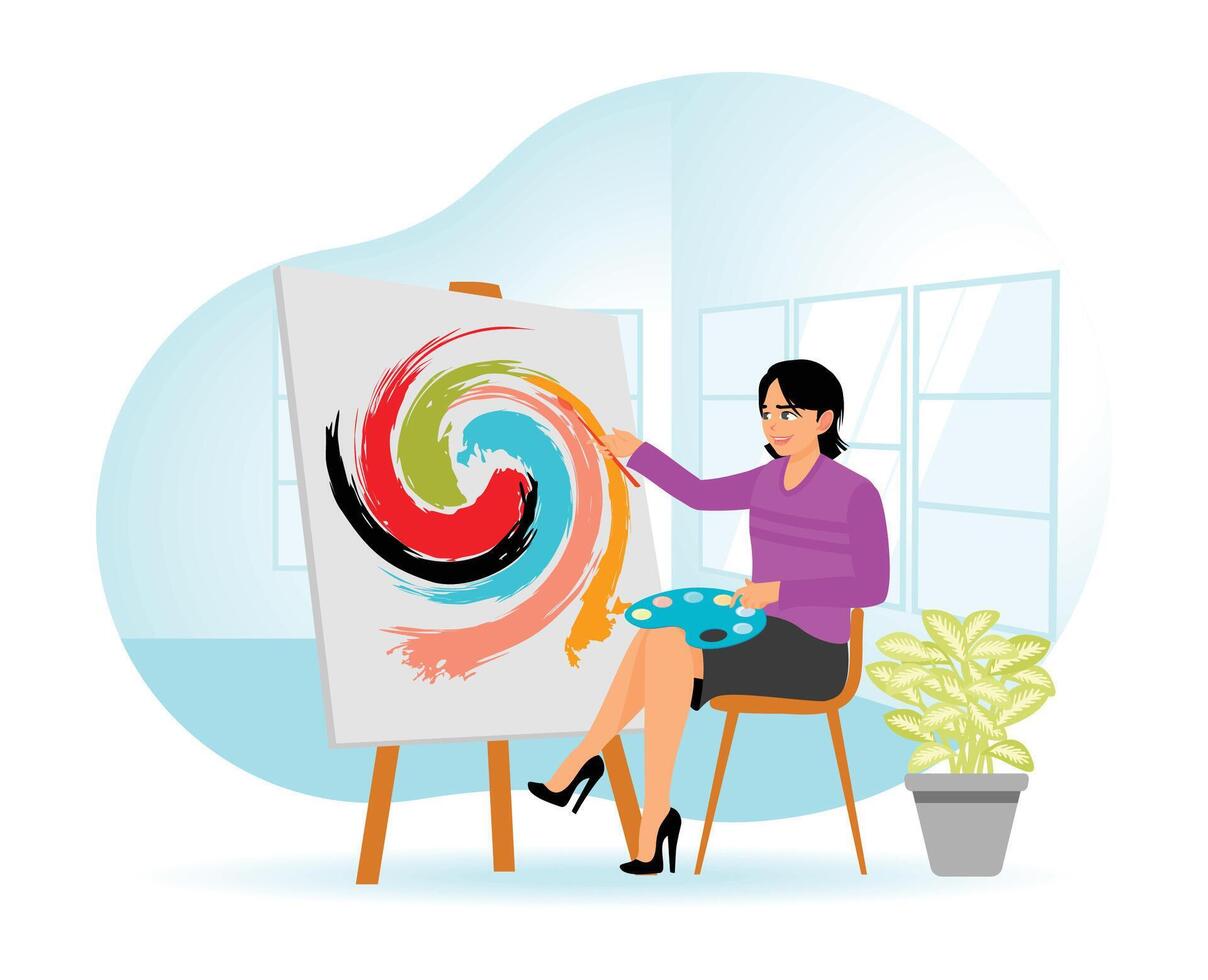 Woman Sitting on Chair in front of Easel and Painting a Colorful Abstract Art Piece in a Creative Studio Setting. vector