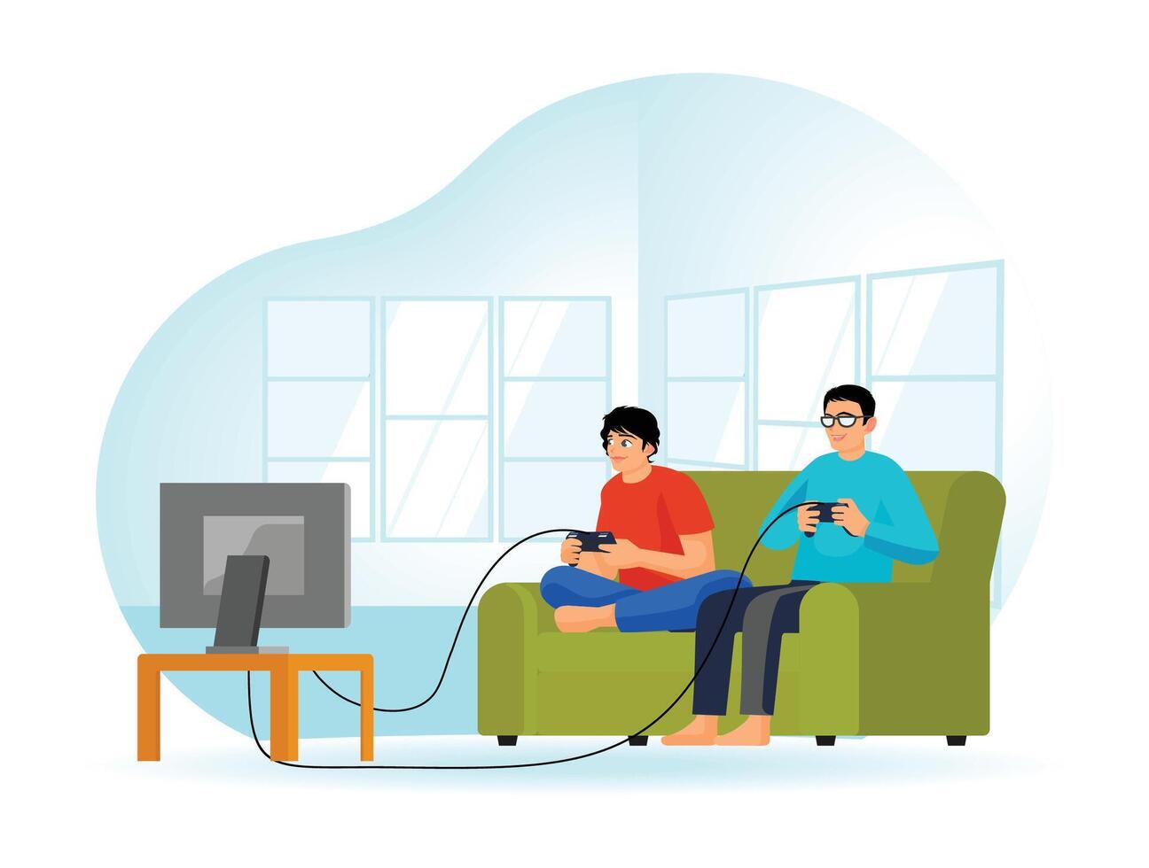 Two Male Friends Sitting on the Sofa Playing Games with a Console on TV. vector