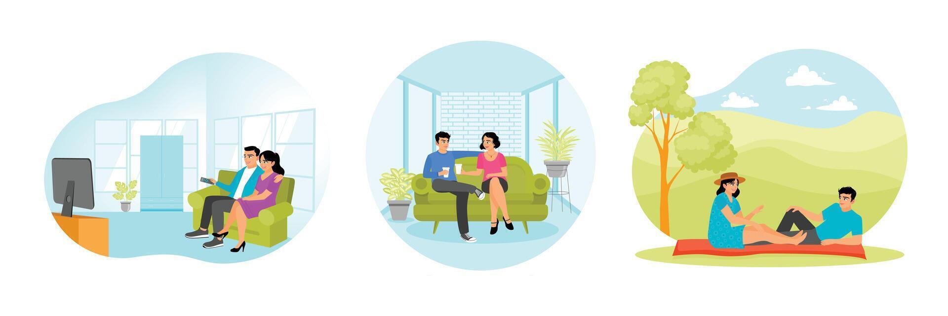 Romantic couple watching TV. Drinking Tea or Coffee. Outdoor Picnic. vector
