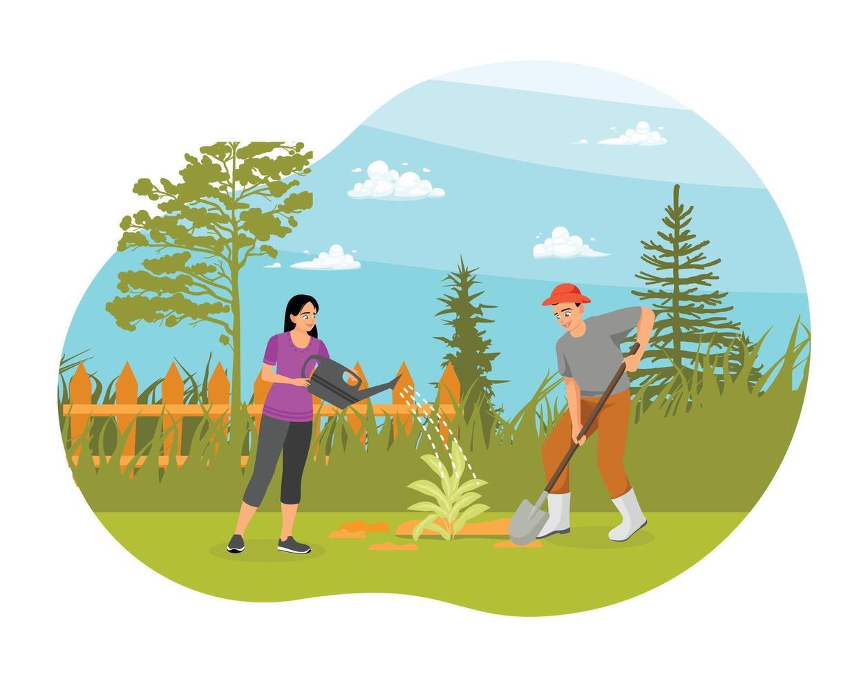 Family Couple is Planting a Tree in the Backyard Garden of the House. vector