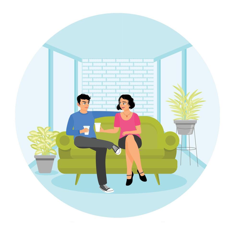 Couple Relaxing on Sofa in Modern Living Room Drinking Tea or Coffee. vector