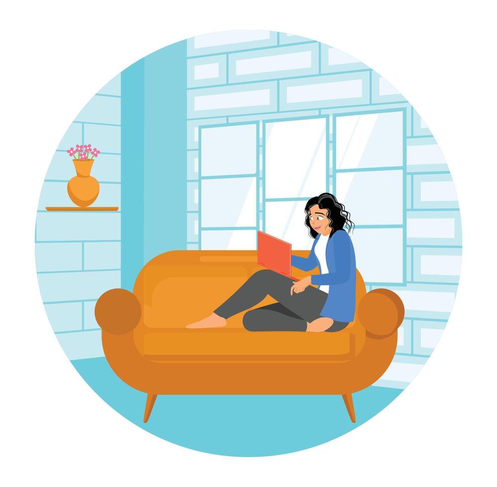 A Millennial Girl Sitting on a Couch Working on a Laptop During the Weekend at Home. vector