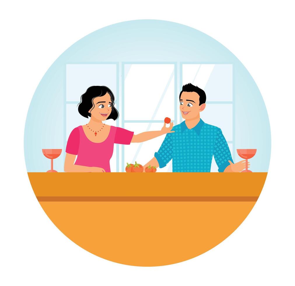 Romantic Couple Enjoying a Meal Together at a Cozy Dining Table. vector