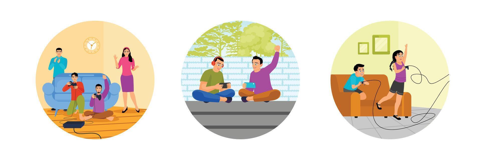 A Group Friends Playing Games. Playing Mobile Game Outdoor. Enjoying Game Console. vector