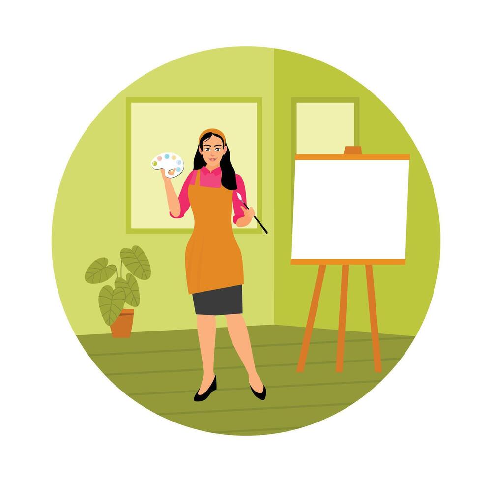 Young Artist Holding Palette Near Easel in a Creative Studio. vector