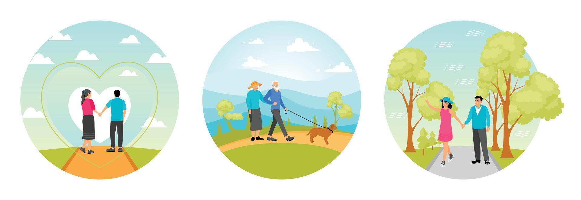 Couple Holding Hands. Elderly Couple Walking Their Dog. Strolling through a Scenic Park. vector