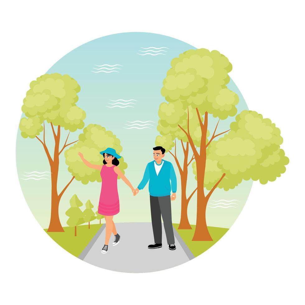 Young Couple Strolling through a Scenic Park on a Sunny Day. vector