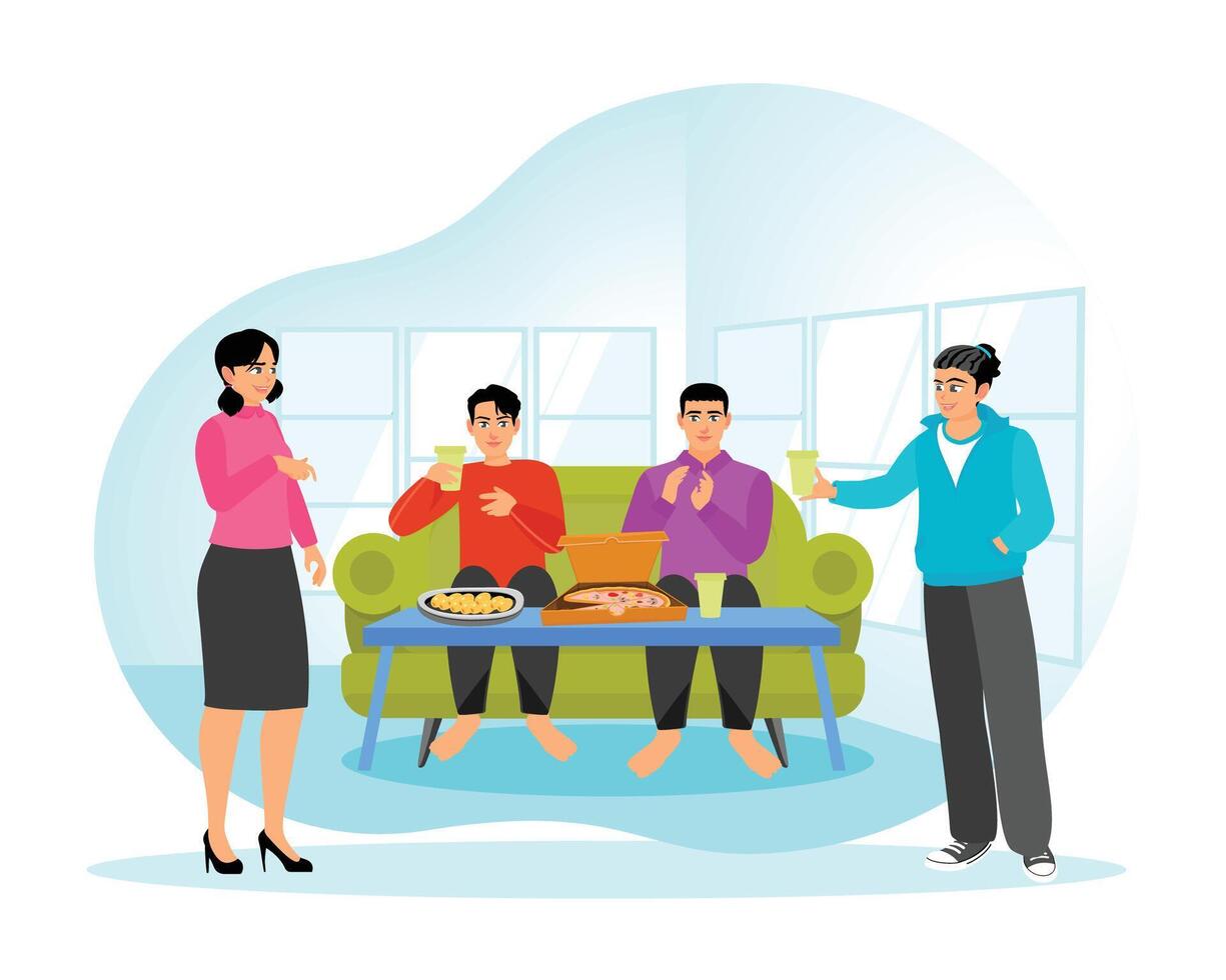 Friends spend time together, Talking, Enjoying Meal, Drink and Pizza at Home. vector