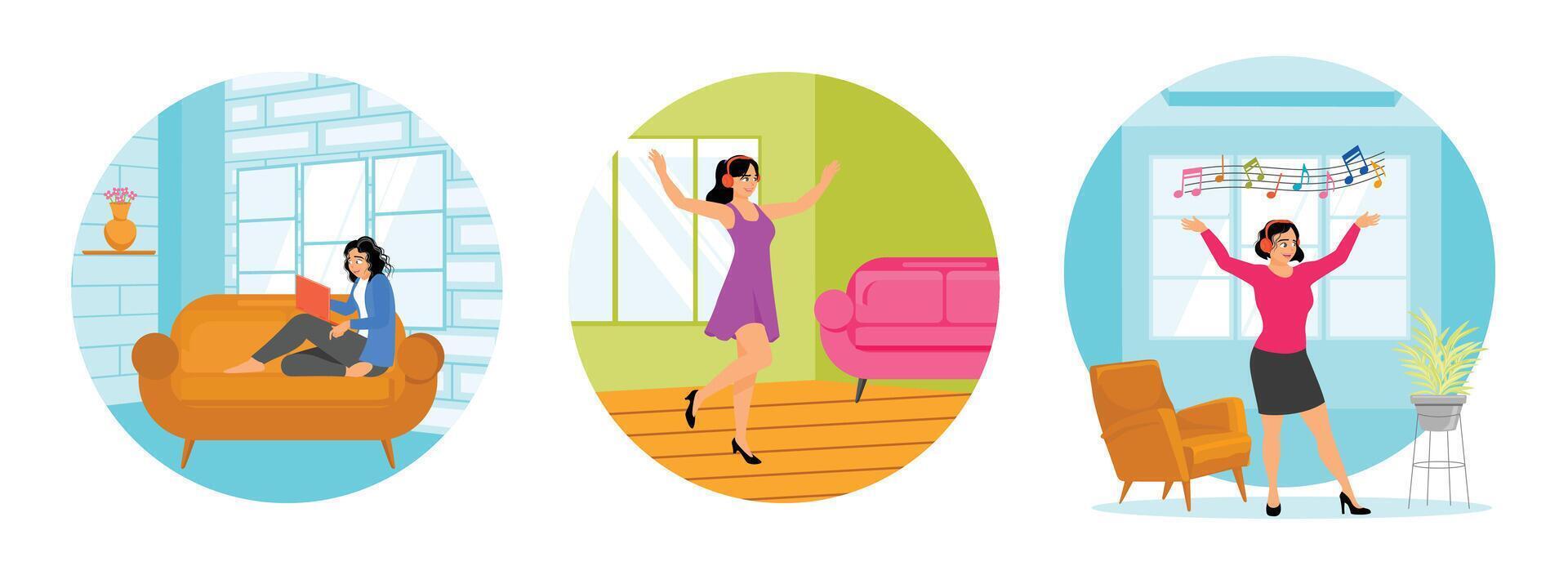 Girl Working on a Laptop at Home. Wearing Headphones Having Fun Dancing. Listening to Good Music. vector