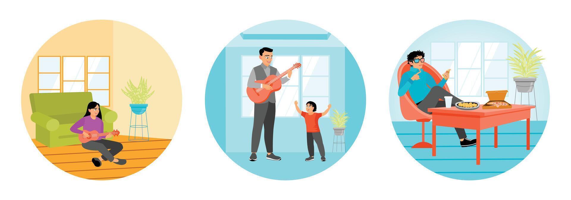 A Woman Enjoying Playing Ukulele. Young Father Playing Guitar for his Son. A Man Enjoys Pizza. vector