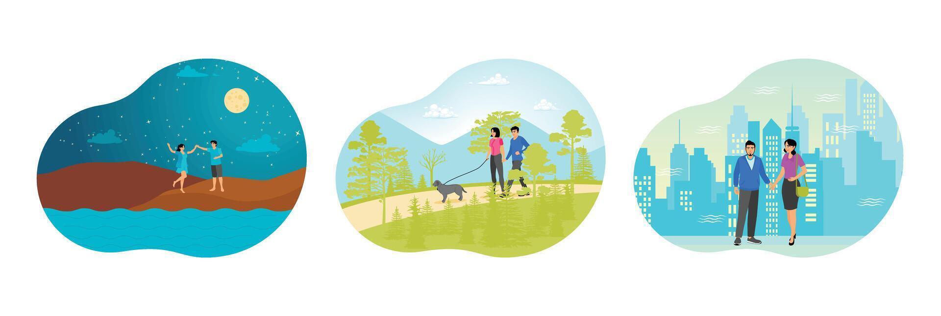 Romantic Couple Walking at Sea Coast. Walking with Their Dog on a Nature. Together in Urban Scene. vector