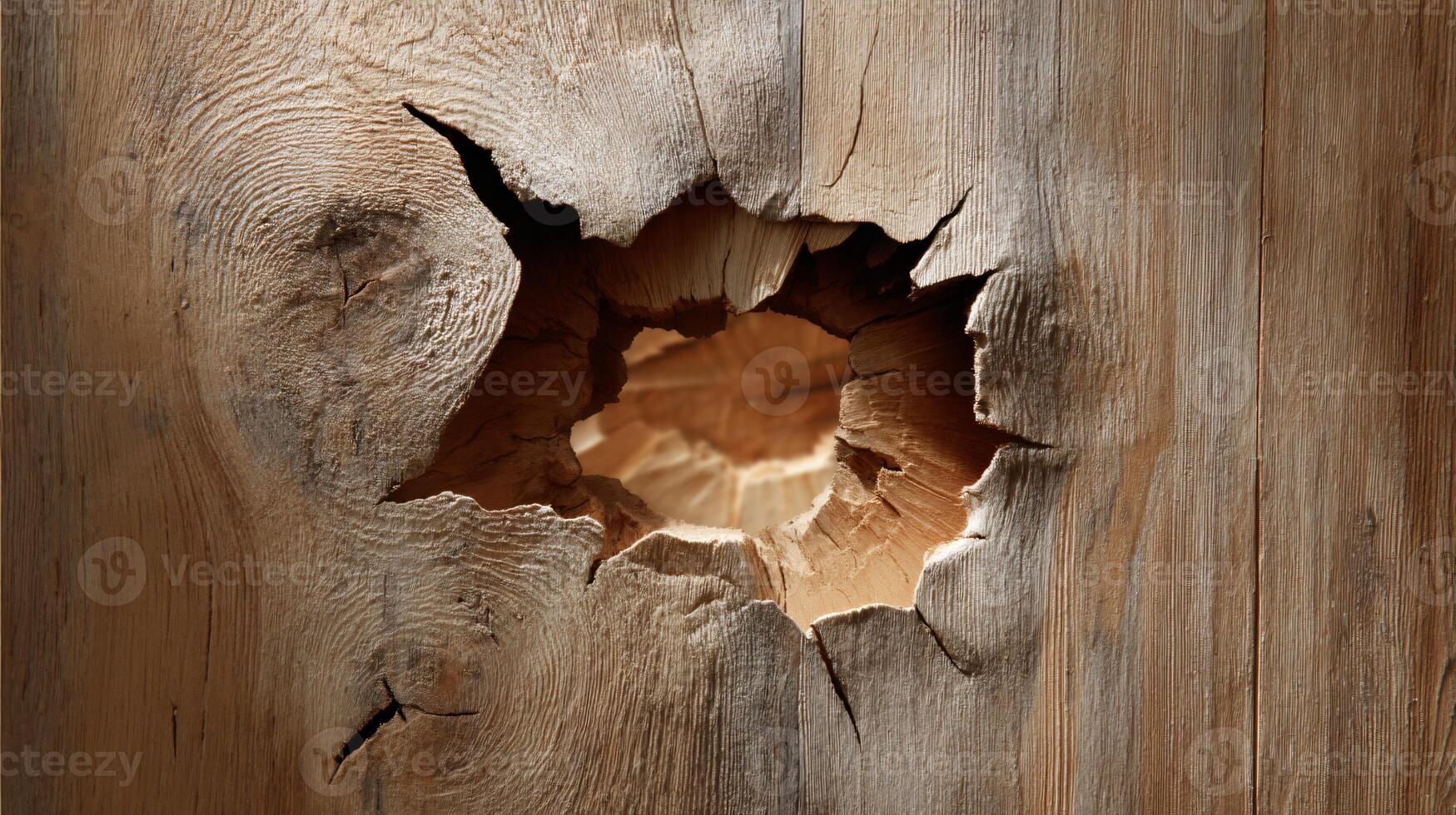 Dynamic Hole Breaking Through Wooden Wall Cut Out for Creative Design Projects photo