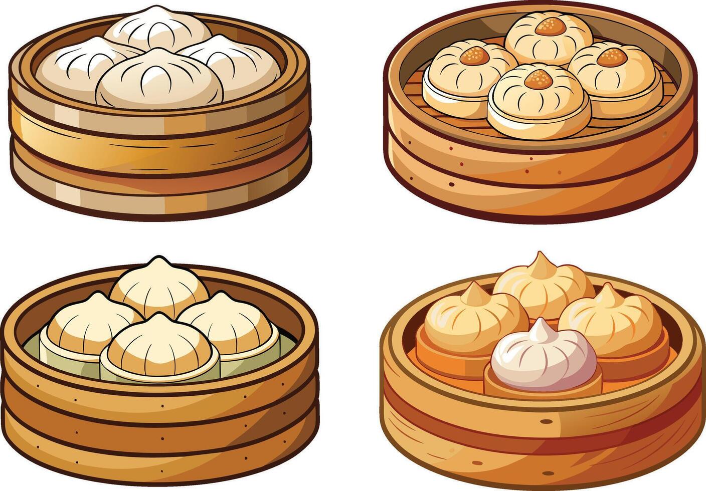 Dim sum dumplings in a bamboo steamer Illustration. vector