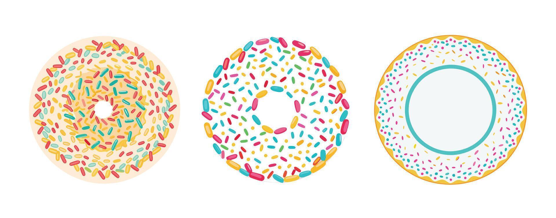 Three donuts with sprinkles on them vector
