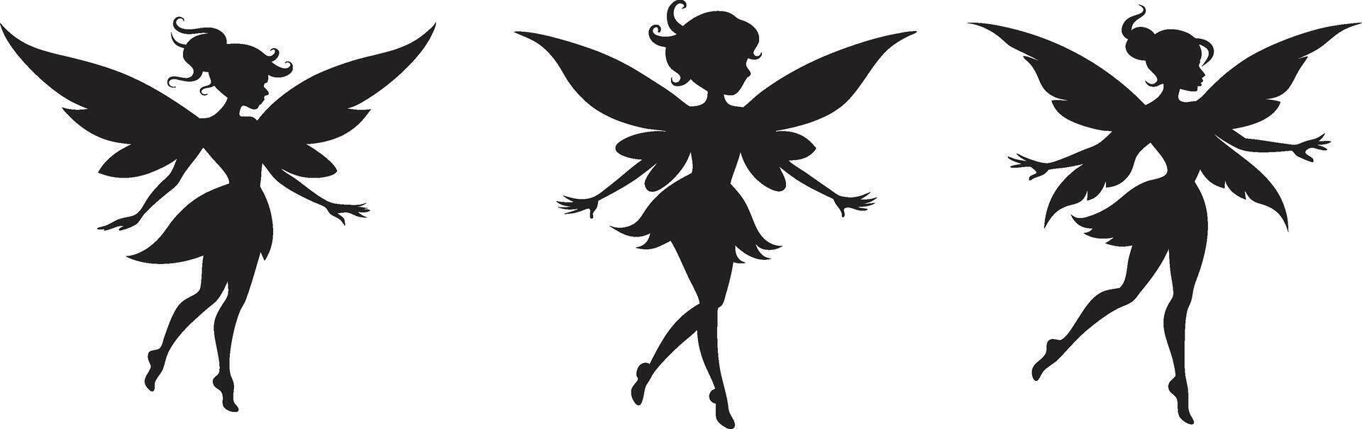 Black and white fairy silhouette illustration with delicate wings and magical pose on white background. vector