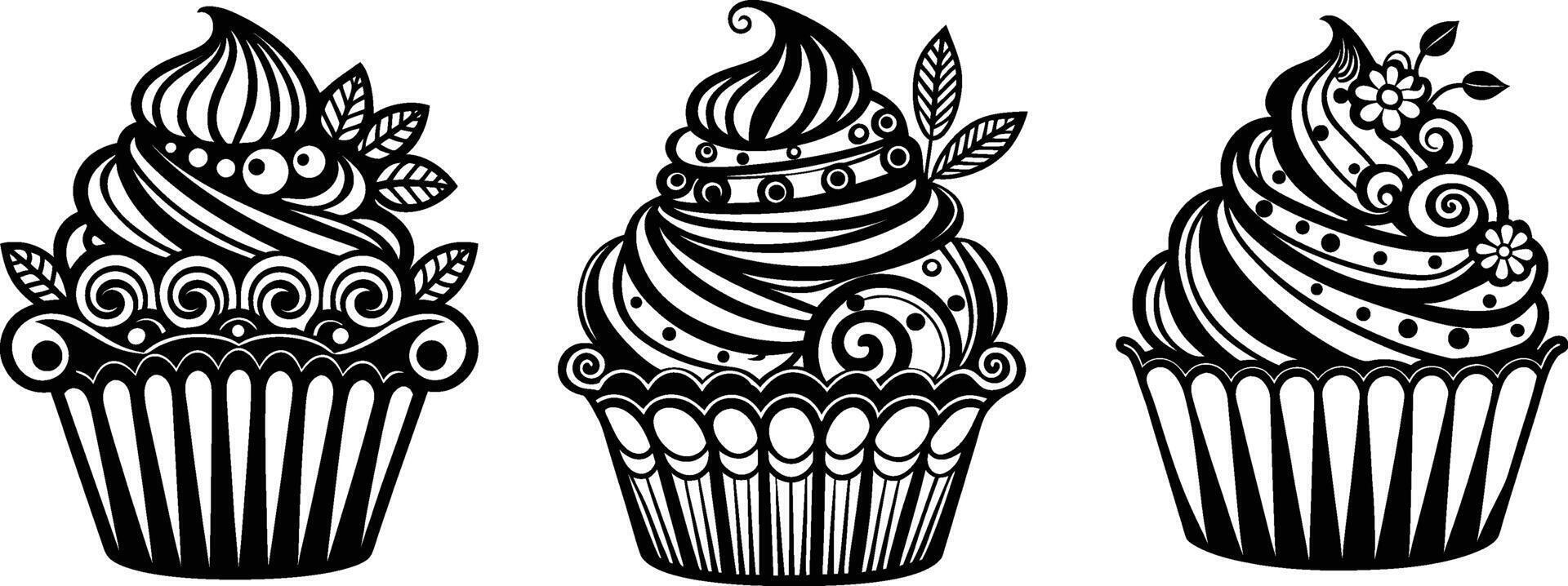 Decorative cupcake silhouette icon, black and white illustration on a clean white background. vector