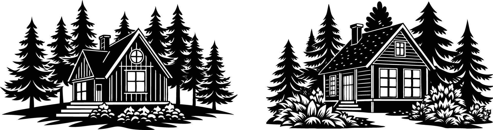 Two black and white illustrations of a cabin in the woods vector