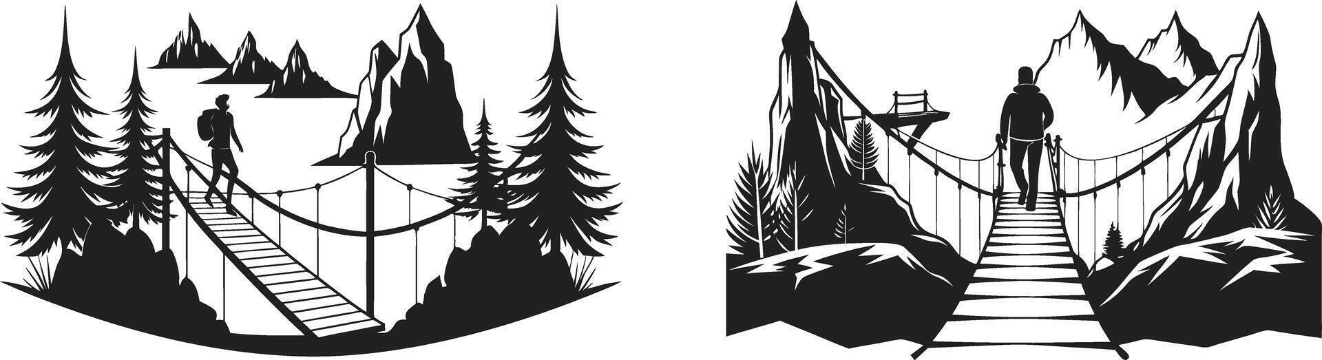 Two illustrations of a man walking across a suspension bridge vector