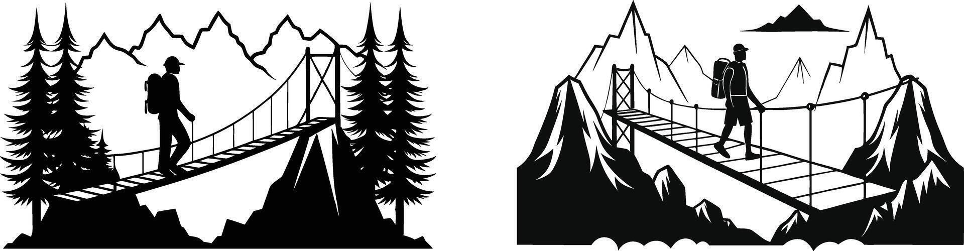 A man is walking across a suspension bridge in the mountains vector