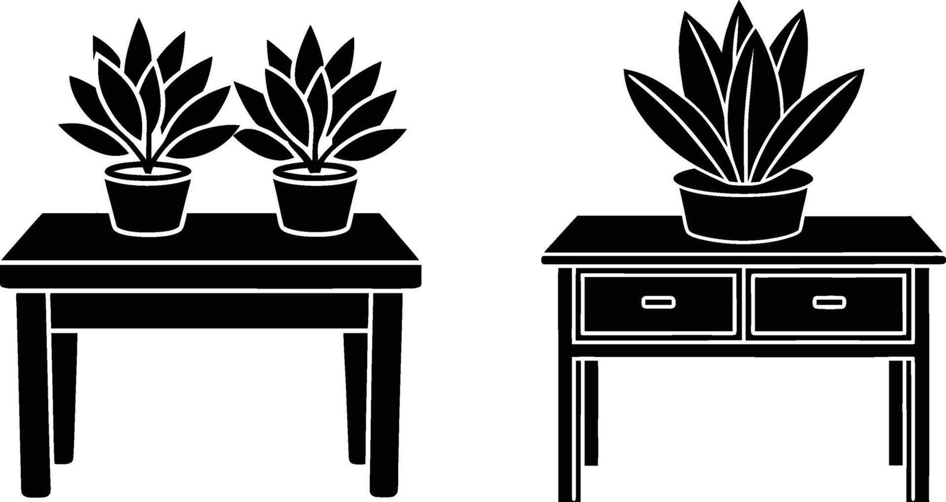 Two black and white illustrations of a table and a potted plant vector