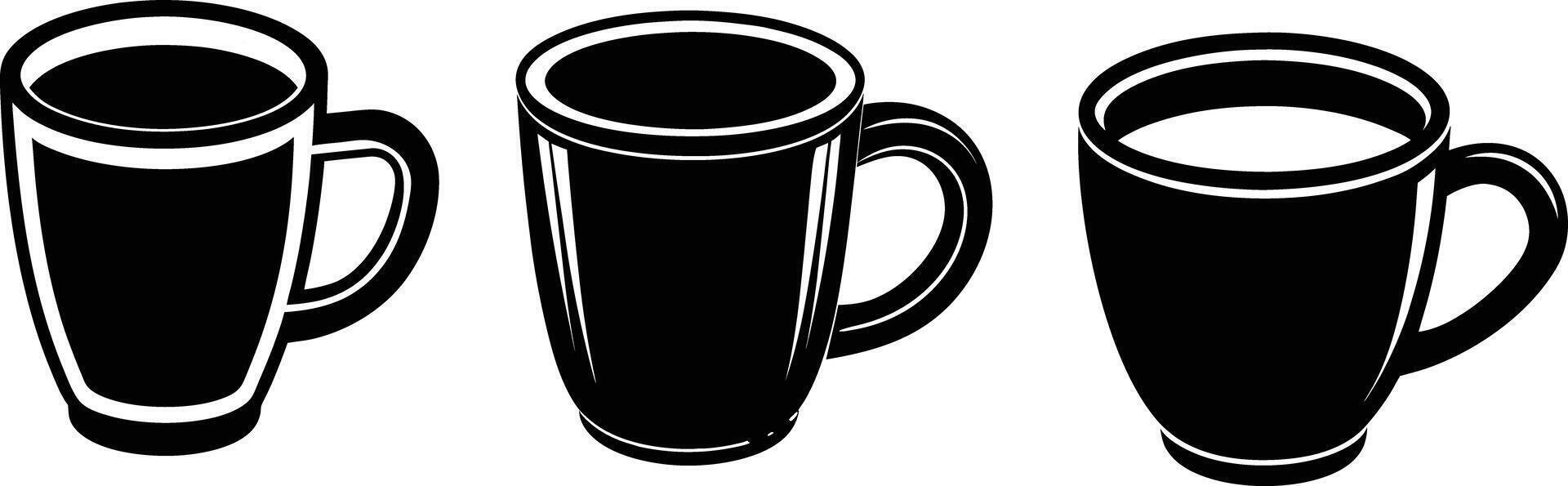 Three black and white coffee mugs with different sizes vector